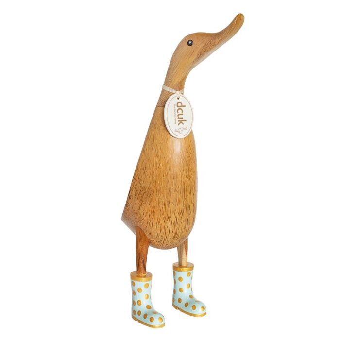 DCUK Natural Finish Ducklet with Pastel and Gold Spotty Welly Boots-Duck Egg Blue-1